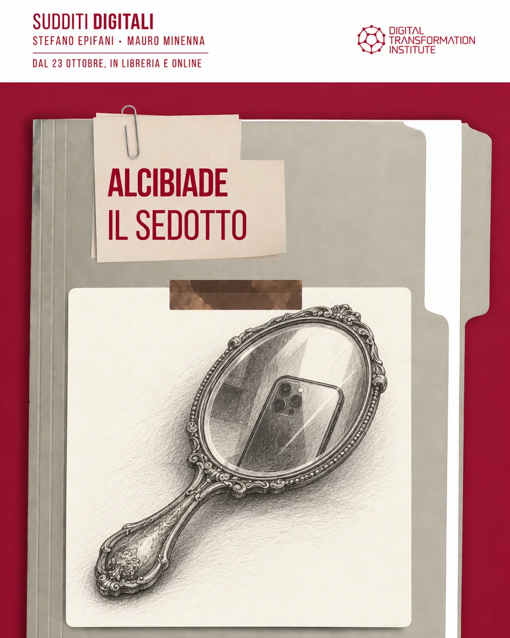 Il fascicolo di Alcibiade con lo specchio che riflette uno smartphone