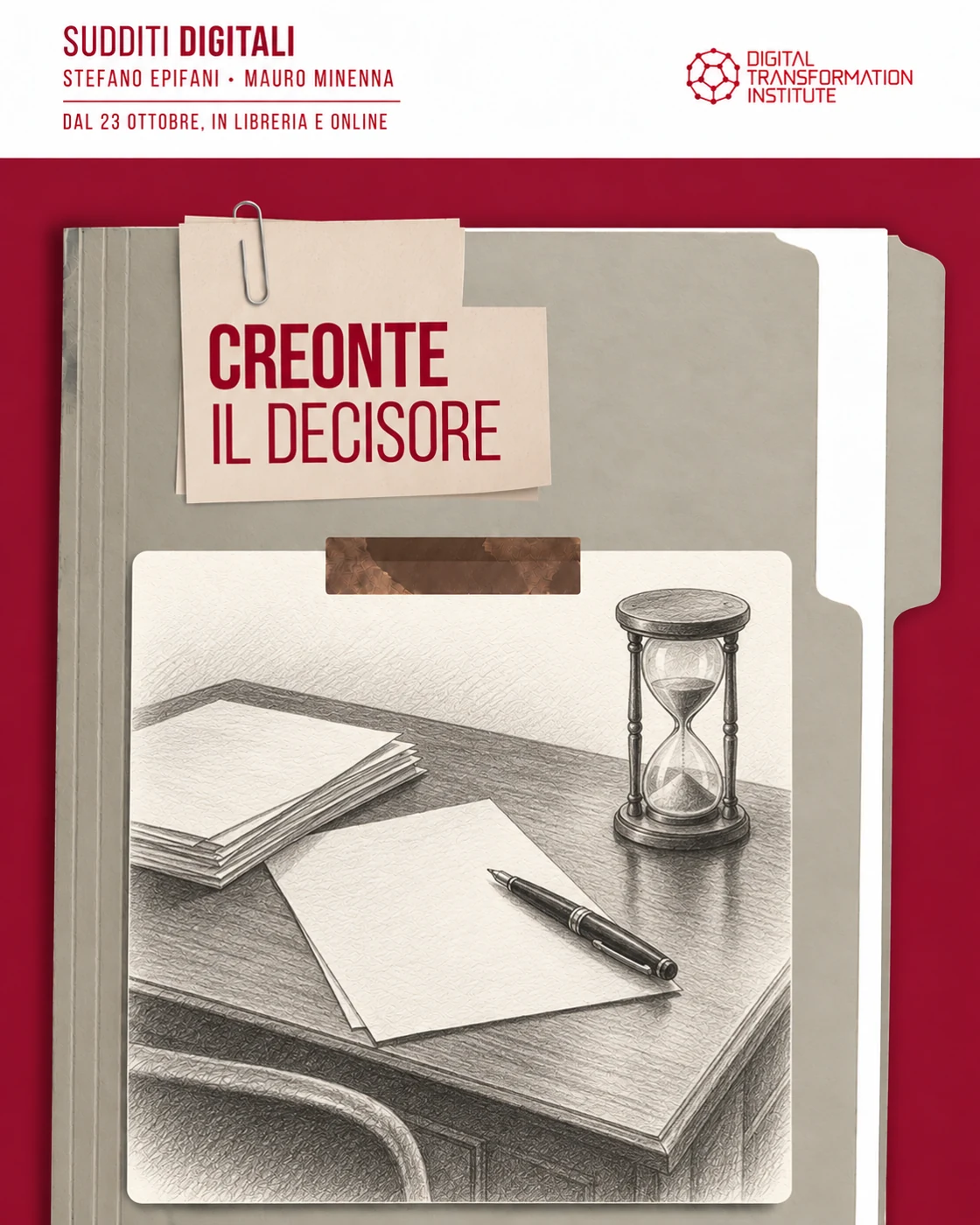 Fascicolo di Creonte, il decisore, con documenti, penna e clessidra disegnati a matita