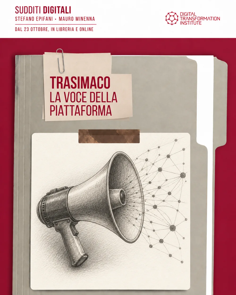 Il fascicolo di Trasimaco con un megafono e una rete di connessioni a matita